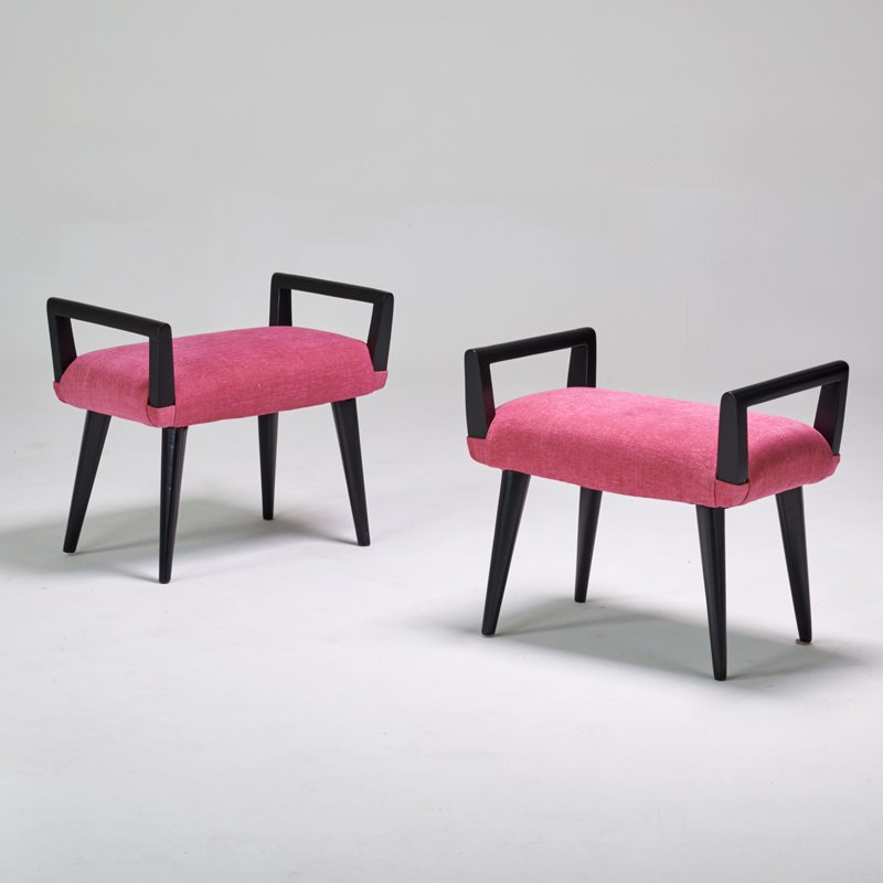 STYLE OF EDWARD WORMLEY: Pair of benches, USA, 1950s; Painted wood, upholstery; Unmarked; 22" x 25" x 15"