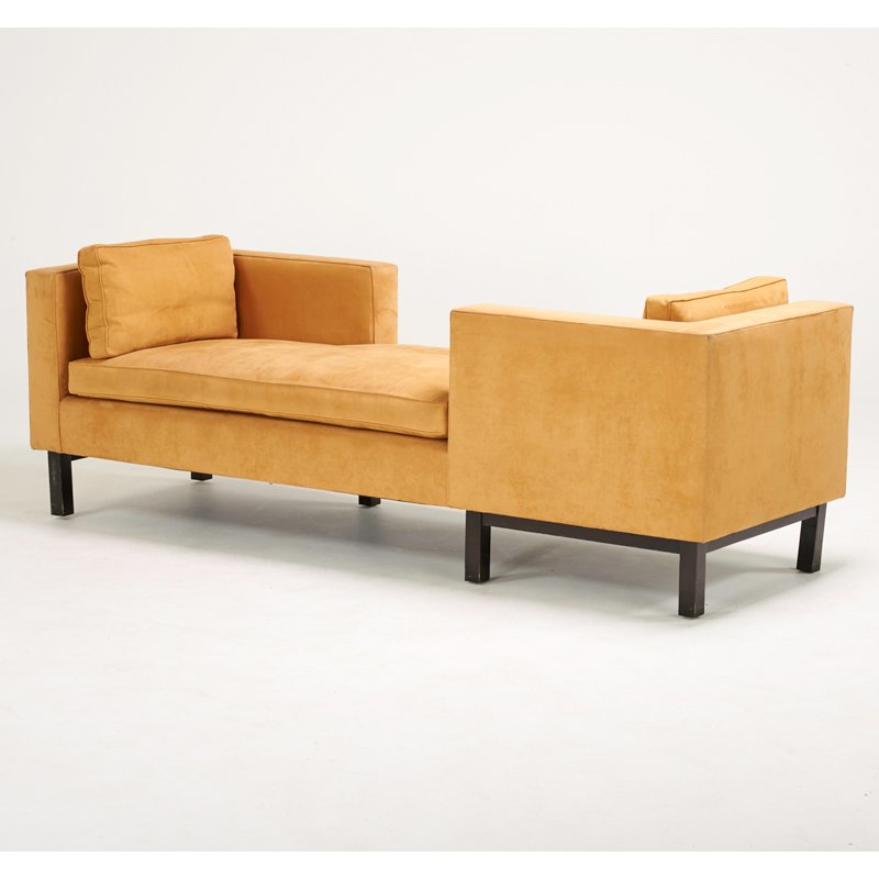 HARVEY PROBBER (Attr.): Tete-a-tete, USA, 1970s; Ultrasuede, enameled wood; Unmarked; 26" x 81" x 28"