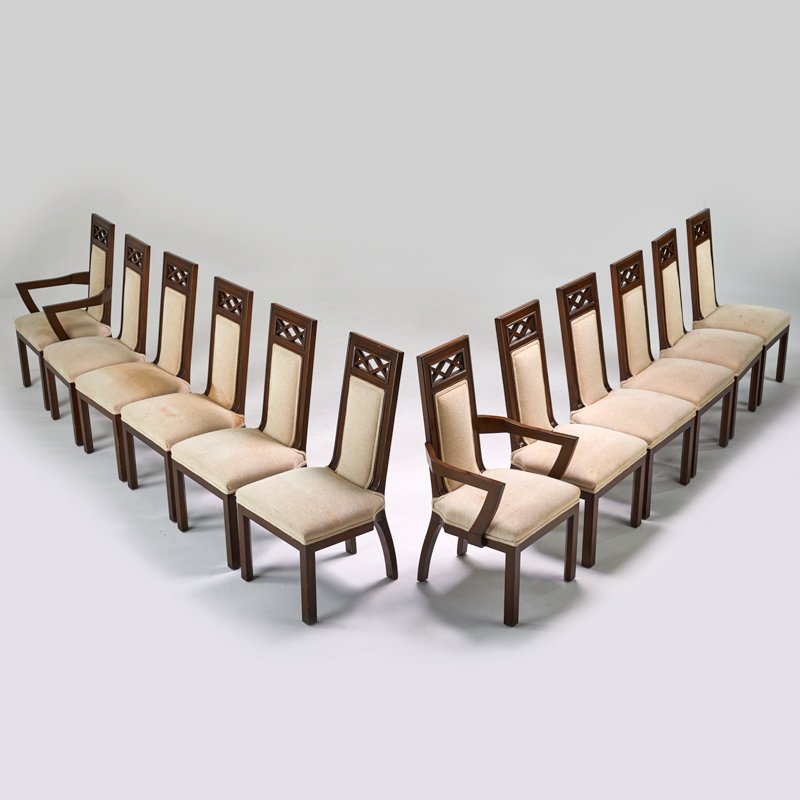 JAMES MONT: Twelve dining chairs, two arm, 10 side, New York, 1960s; Stained wood, upholstery; Unmarked; Arm: 40" x 23 1/2" x 22", side: 40" x 20 1/2" x 22"; Provenance: Original owner, purchased directly from th