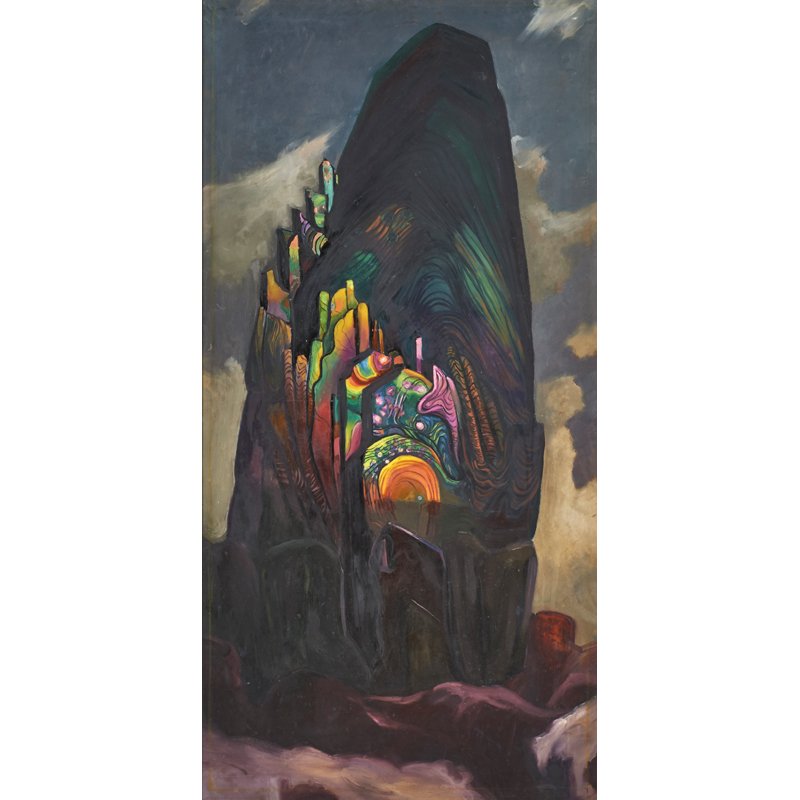 MILTON E. BOND (American, 1891-1970): Oil on panel landscape from Kublai Khan series, ca. 1945 (framed); 47 3/4" x 23 7/8"