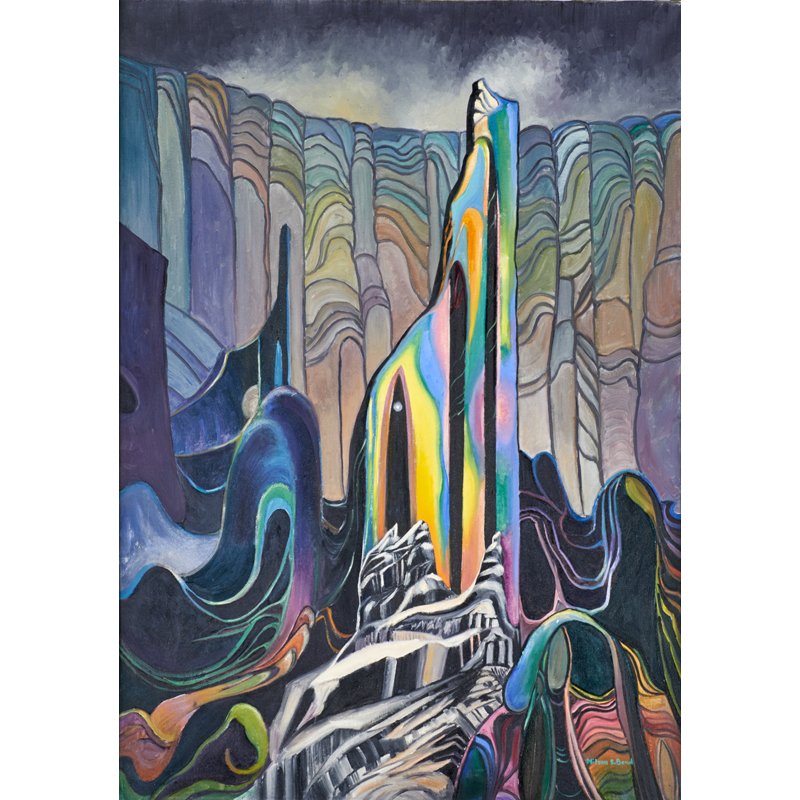 MILTON E. BOND (American, 1891-1970): Oil on canvas landscape from Kublai Khan series; "Rainbow Pinnacle," ca. 1945 (framed); Signed; 38 1/8" x 28"