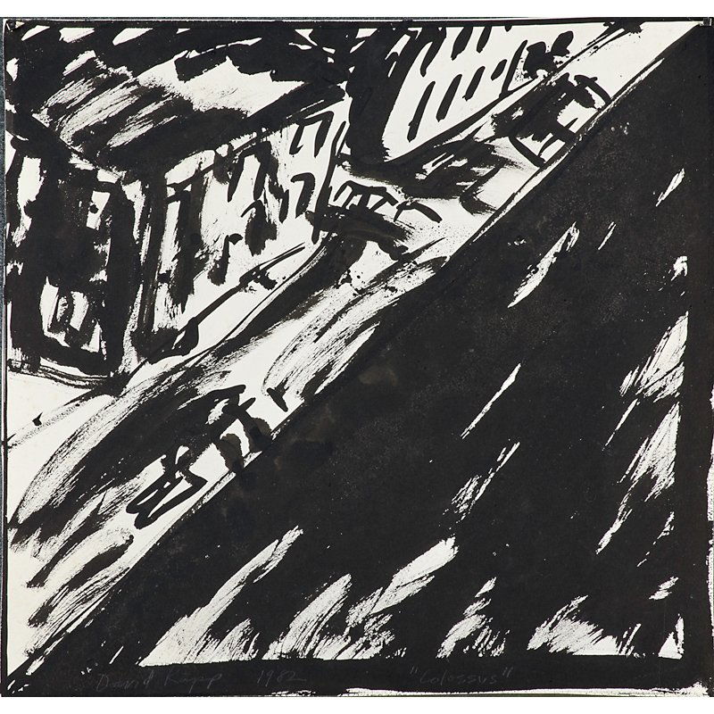 DAVID KAPP (American, b. 1953): Four works on paper: Ink, "Colossus," 1982, signed, dated and titled; Woodcut, "City Axle," 1983, signed, dated, titled and numbered AP; Woodcut, "Noel", signed; Offset lithograph exhibition mailer, "