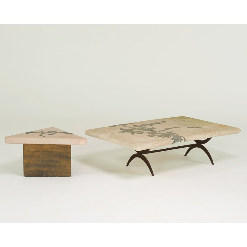 SILAS SEANDEL: Coffee and side tables, New York, 1970s; Steel, bronze, concrete; Unmarked; Provenance: Original owners, purchased from the artist; Coffee table: 15" x 52" x 34", side: 16" x 29 1/2" x 20"