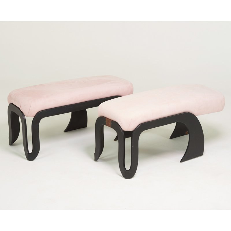 STYLE OF SILAS SEANDEL: Pair of benches, USA, 1970s; Enameled steel, microfiber; Unmarked; 21" x 45" x 19"