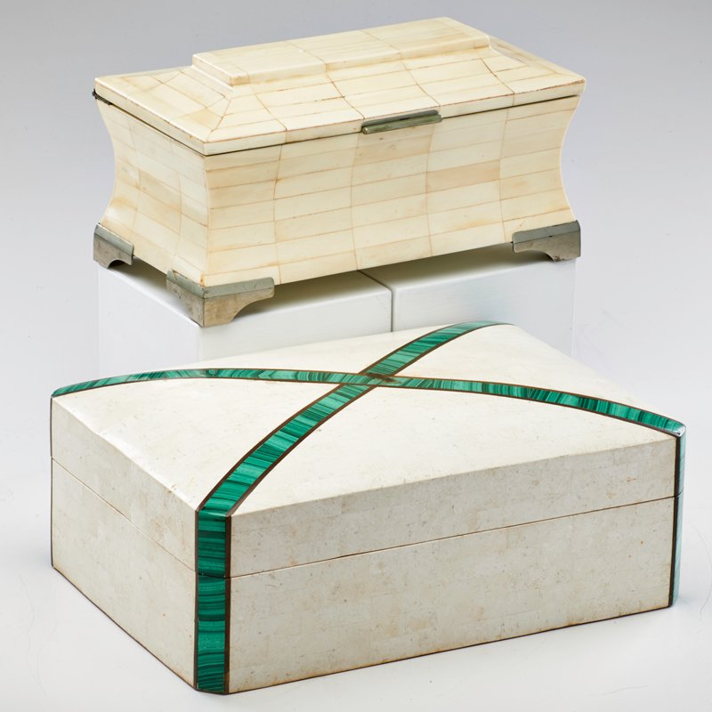 MAITLAND SMITH; ENRIQUE GARCEL: Two lidded boxes, Philippines/Colombia, 1980s; Bone, mixed marble, patinated white metal, cedar, malachite; Unmarked; 5 1/2" x 14" x 10"