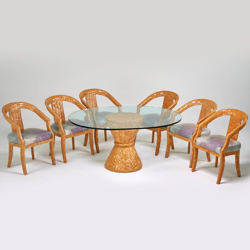 ENRIQUE GARCEL (Attr.): Dining set: table and six armchairs, Colombia, 1980s; Bone, glass, upholstery; Unmarked; Table: 29" x 62" x 48"