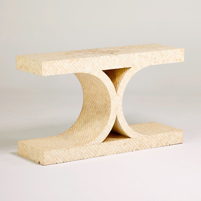 ENRIQUE GARCEL: Console, Columbia, 1980s; Laminate and bone tiles; Unmarked; 29" x 48" x 15"
