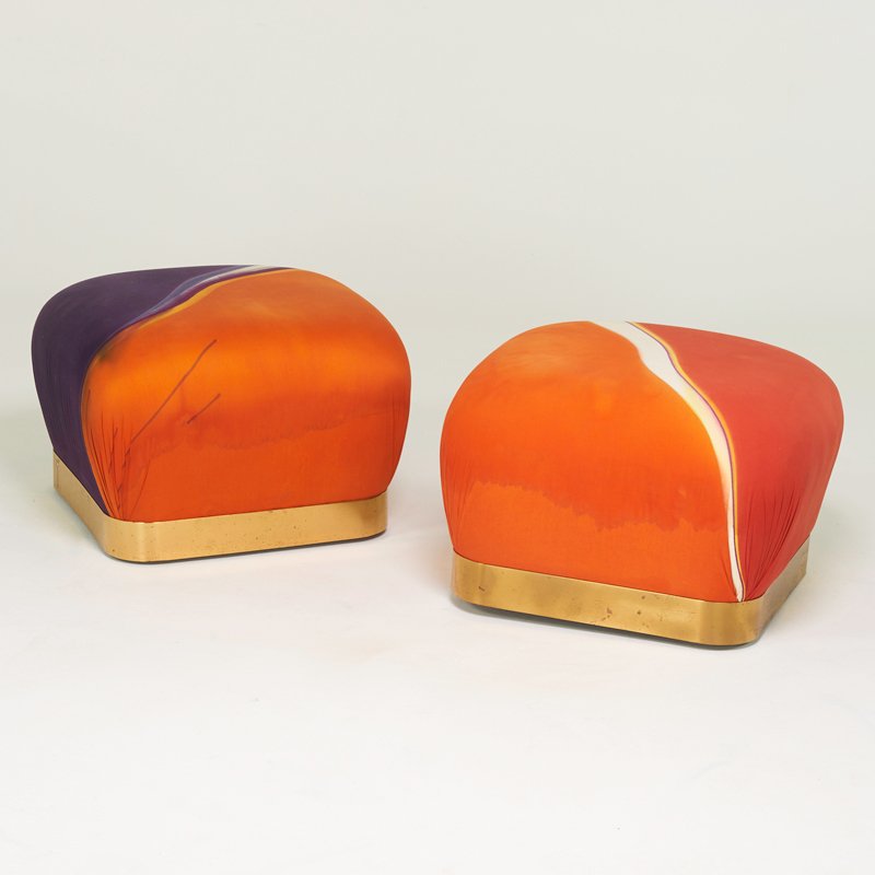 KARL SPRINGER; KARL SPRINGER LTD.: Pair of benches, New York, 1980s; Brass, dyed upholstery; Unmarked; 16" x 25" sq.