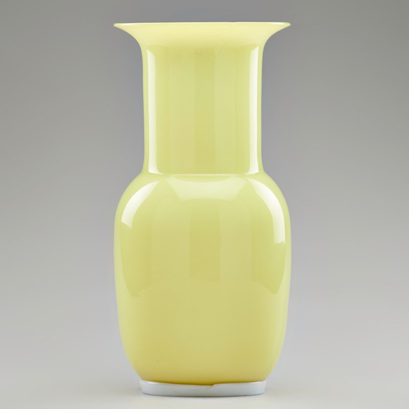 TOMASO BUZZI; VENINI: "Incamiciato" yellow cased glass vase with applied double-ribbed foot, Italy, ca. 1965-70; Sticker label; 14" x 6 3/4