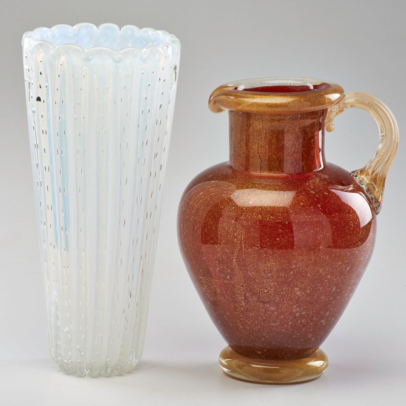 BAROVIER & TOSO; SEGUSO: Large cased glass vase with controlled bubbles and cased glass pitcher with gold inclusions, Italy, 1950s; Unmarked; Pitcher: 14" x 10 1/2"