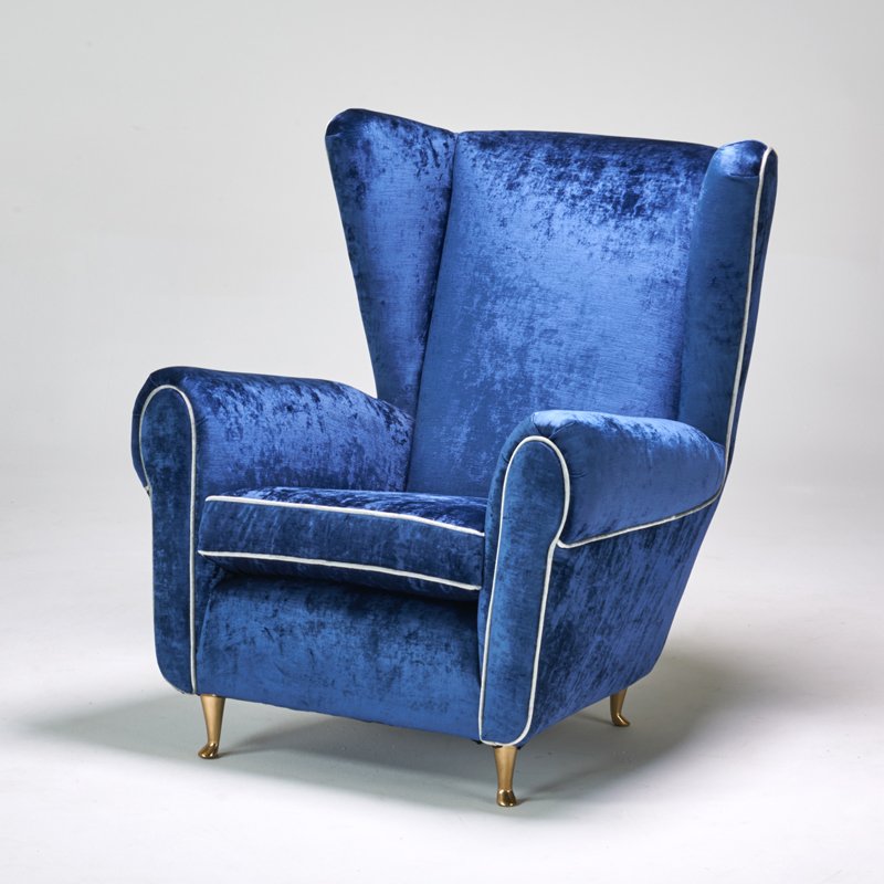 STYLE OF PAOLO BUFFA: Lounge chair, Italy, ca. 1950s; Upholstery, polished brass; Unmarked; 39" x 34" x 36"