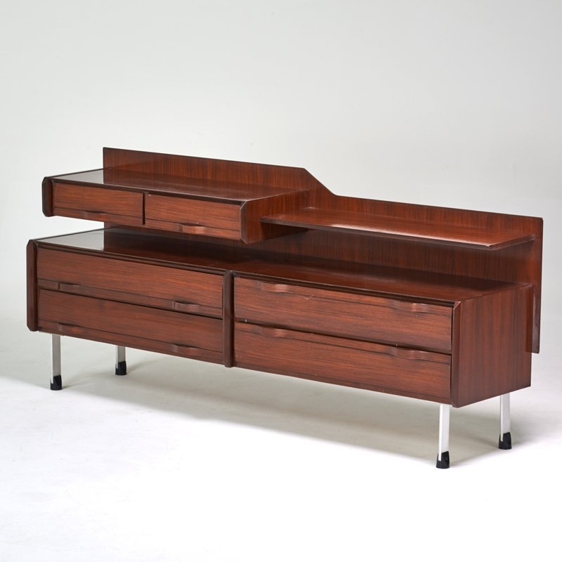 VITTORIO DASSI (Attr.): Cabinet, Italy, 1950s; Rosewood, aluminum; Unmarked; 33" x 73 1/2" x 18"