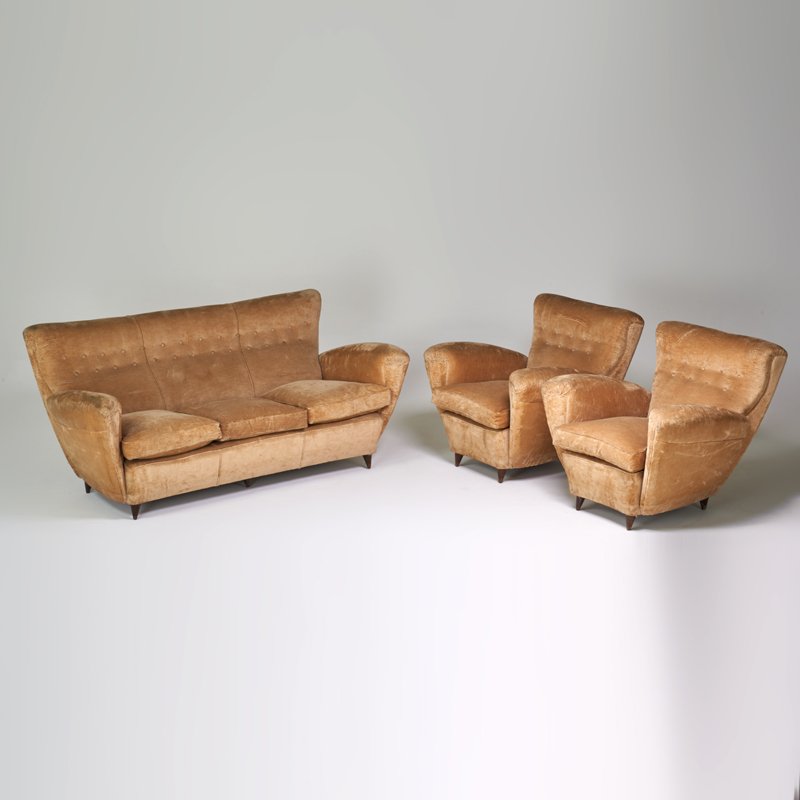 STYLE OF PAOLO BUFFA: Sofa and two armchairs, Italy, ca. 1950s; Upholstery, stained wood; Unmarked; Sofa: 33" x 75" x 36", chair: 33" x 36" x 36"