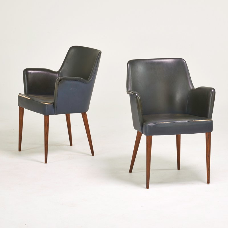 SINGER & SONS: Pair of arm chairs, Italy/USA, 1950s; Stained wood, vinyl; Singer labels; Each: 32" x 23" x 22"