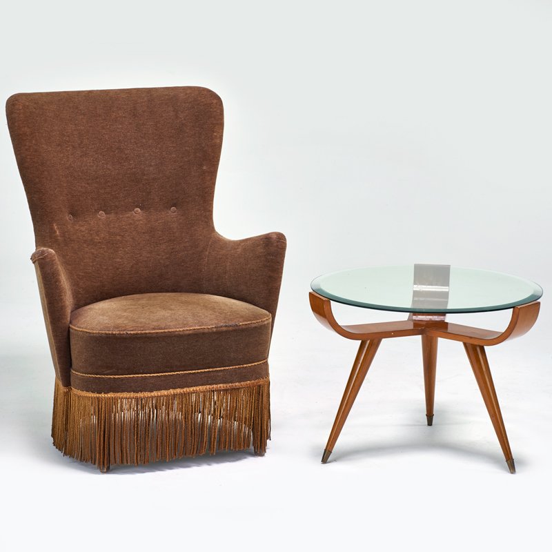 ITALIAN: Lounge chair and occasional table, 1950s; Mohair, fringe, beech, glass, brass; Chair: 36 1/2" x 28 1/2" x 29", table: 18" x 25" dia.