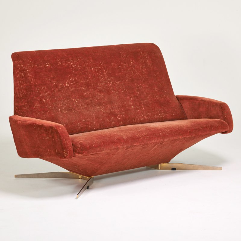 ITALIAN: Settee, 1960s; Patinated metal, Rubelli fabric; Unmarked; 36" x 70" x 36"