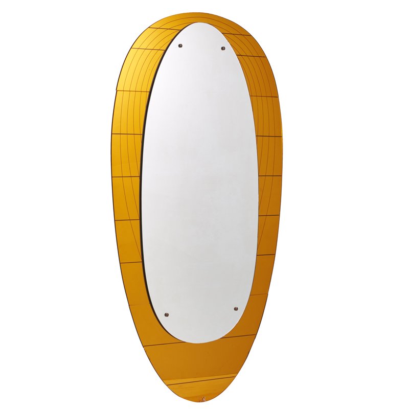 CRYSTAL ARTE: Oversized ovoid wall mirror, Italy, 1960s; Etched amber mirrored glass, brass; Unmarked; 76" x 44"