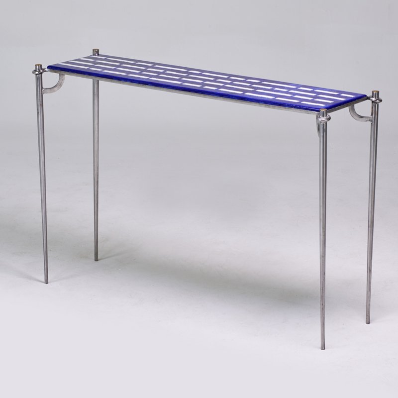 ITALIAN: Console table, 1970s; Chromed steel, brass, glazed ceramic tile; Unmarked; 33 1/2" x 51 1/2" x 16"