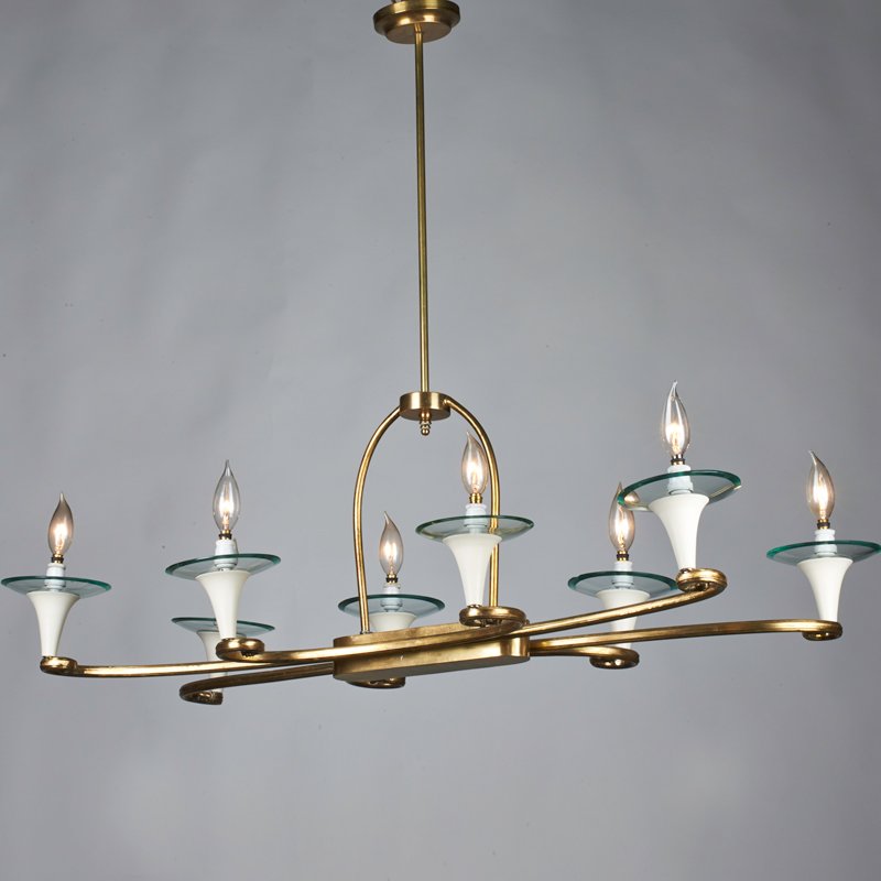 GAETANO SCIOLARI (Attr.): Brass and glass eight-light chandelier, Italy, 1960s; Unmarked; To ceiling cap: 32" x 39" x 19"