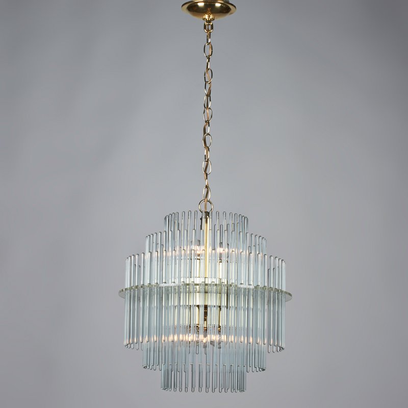 GAETANO SCIOLARI; LIGHTOLIER: Tiered glass rod chandelier, Italy, 20th c.; Polished brass; Unmarked; To ceiling cap: 36" x 16"