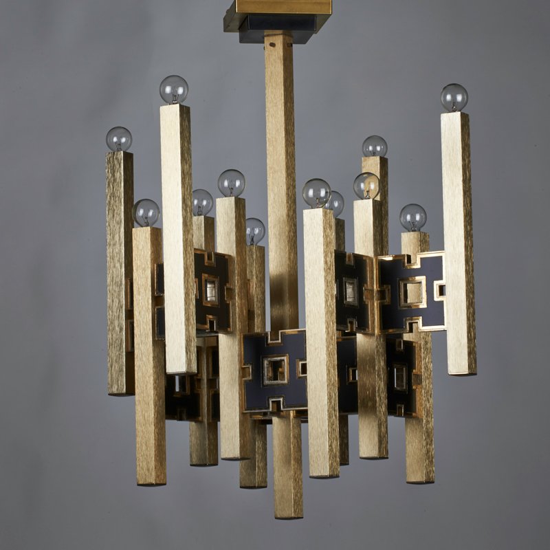 GAETANO SCIOLARI: Twelve-light chandelier, Italy, 1970s; Aluminum, composite; Unmarked; 29" x 24"