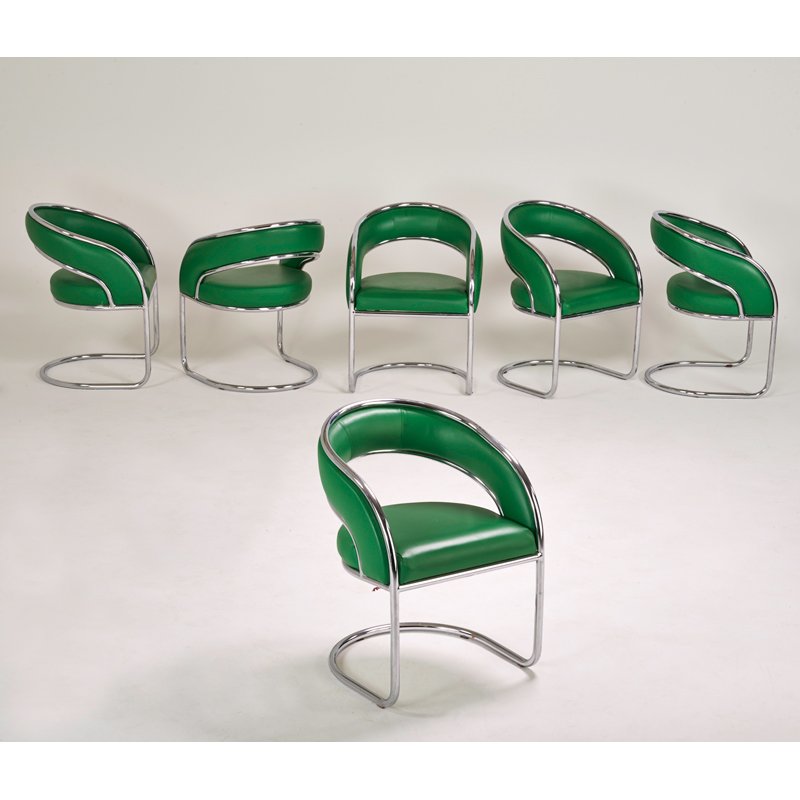 STYLE OF ANTON LORENZ: Six armchairs, USA, 1970s; Chromed steel, vinyl; Unmarked; 31 1/2" x 24" x 21"
