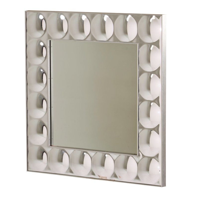 MODERN: Bubble mirror, USA, 1970s; Convex plexiglass, mirrored glass, aluminum trim; Turner label; 36" x 36" x 4"