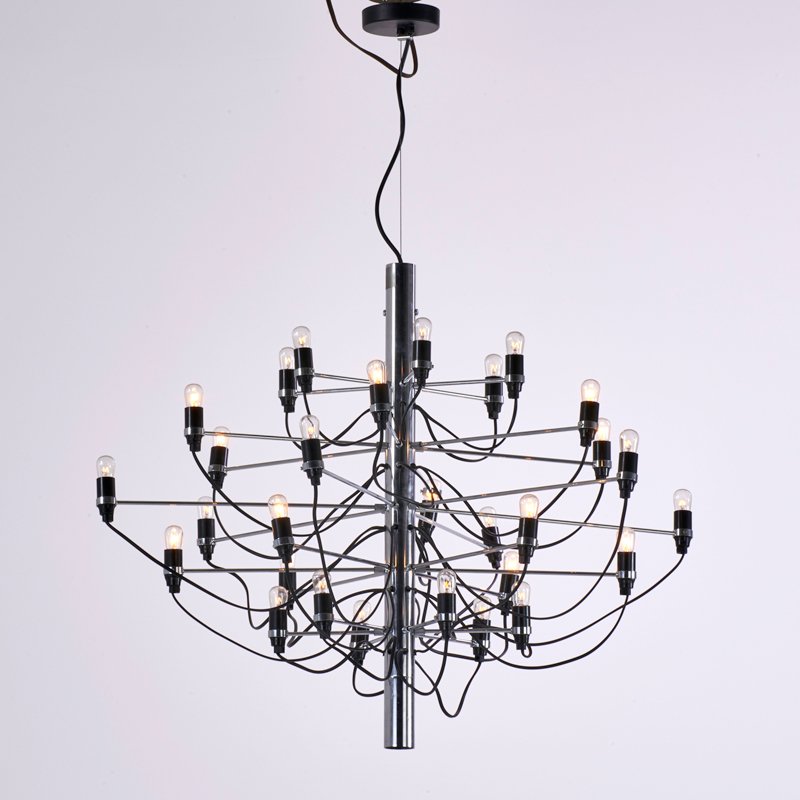 GINO SARFATTI; FLOS: Chandelier, Italy, 1980s; Chromed steel, wiring, plastic sockets; Chandelier only: 29" x 36"