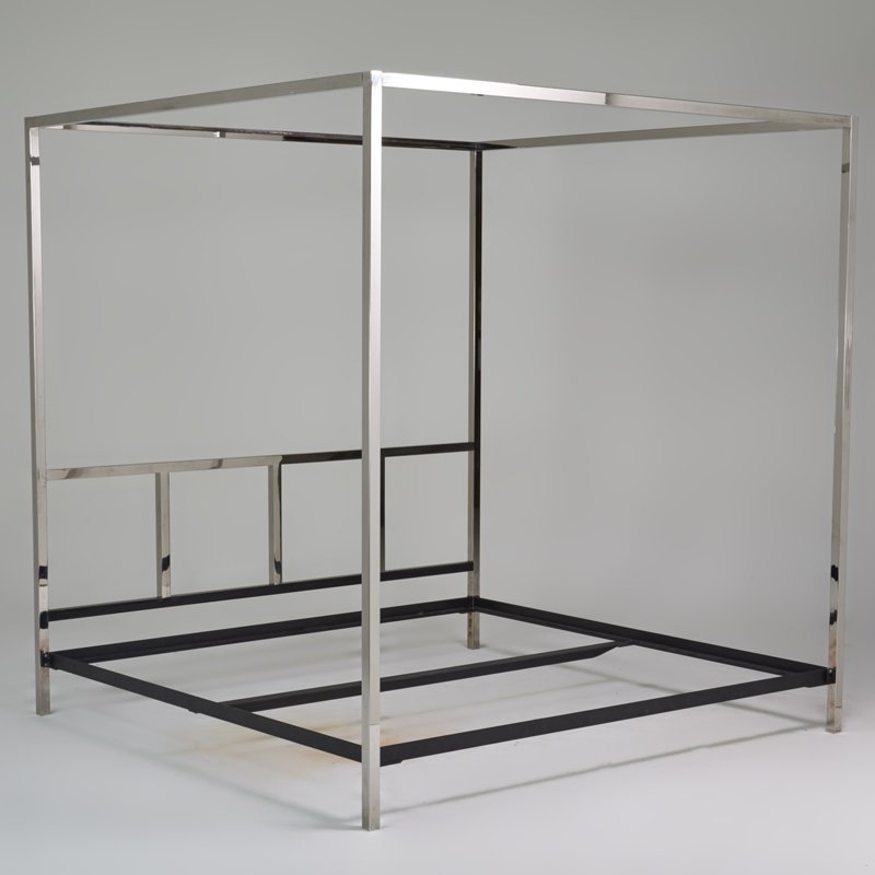 PACE: King-sized four poster bed 1970s; Chromed and enameled steel; Unmarked; 84" x 81 1/2" x 80"