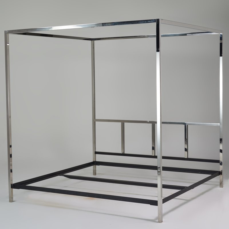 PACE: King-sized four poster bed 1970s; Chromed and enameled steel; Unmarked; 84" x 81 1/2" x 80"