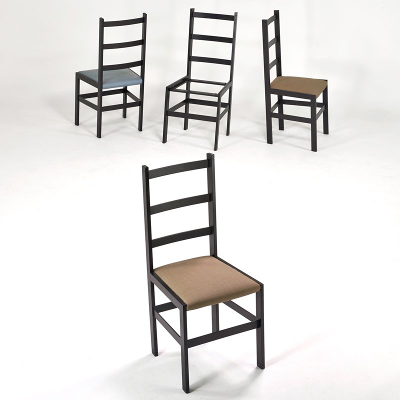 STEVEN HOLL; PACE: Set of four tall back sidechairs, USA, 1980s; Lacquered oak, upholstery; Unmarked; 42" x 19" x 21"