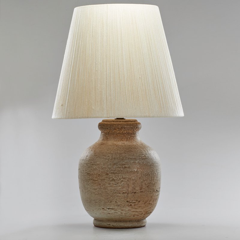 DESIGN TECHNICS (Attr.): Glazed ceramic table lamp with woven shade, USA, 1950s; Unmarked; 32" x 19"
