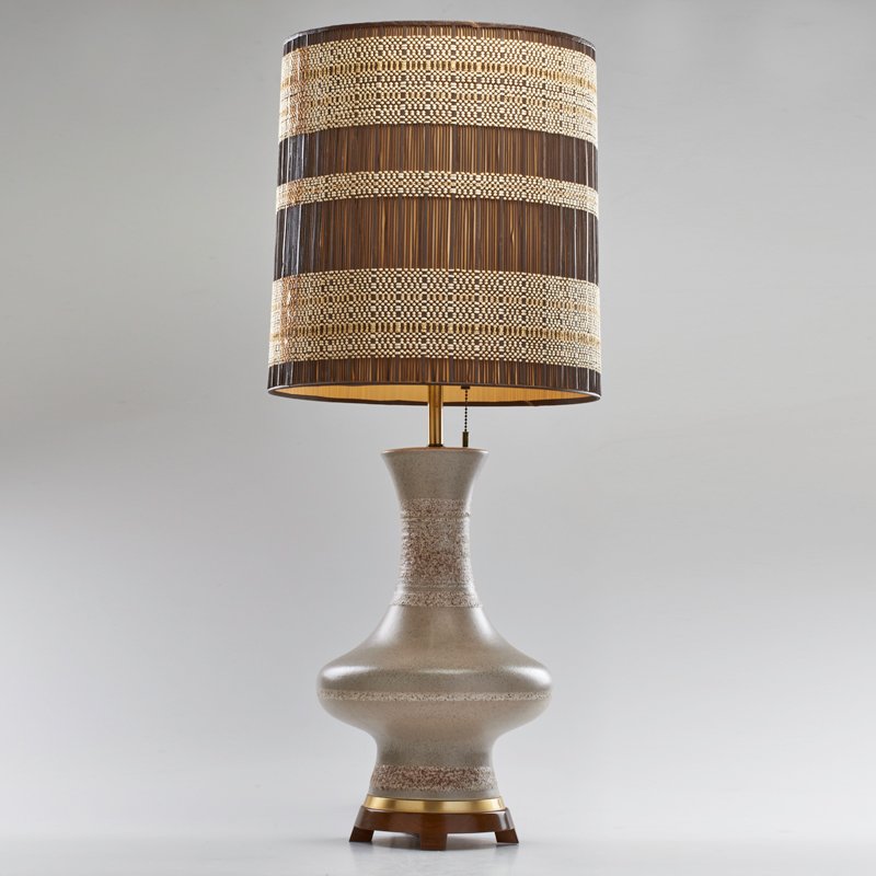 LIGHTOLIER (Attr.); MARIA KIPP: Glazed ceramic table lamp with Kipp handwoven shade, 1950s-1970s; Mahogany, brass, brass washed metal, string, wood, linen, gold thread; Unmarked; 38 3/4" x 16"