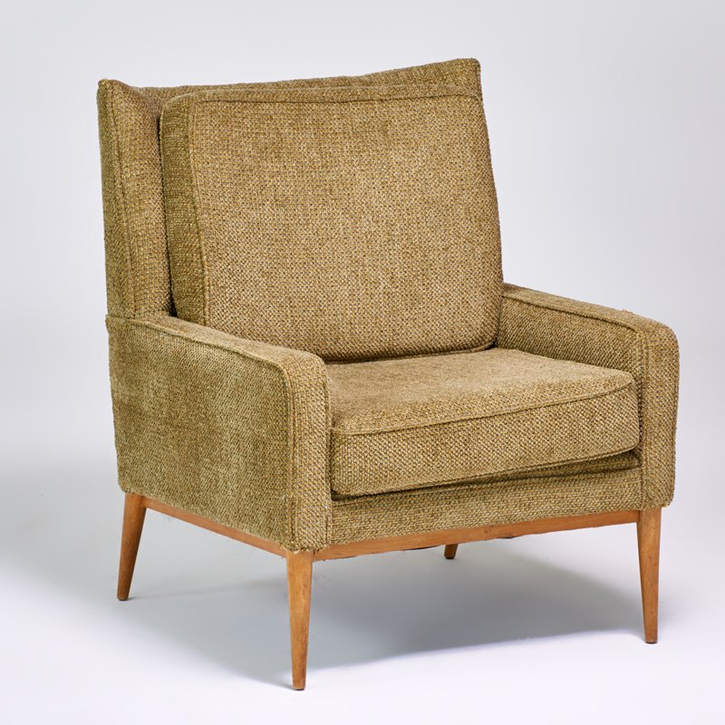 PAUL McCOBB; DIRECTIONAL: Lounge chair, USA, 1950s; Walnut, upholstery; Unmarked; 35" x 29" x 32"