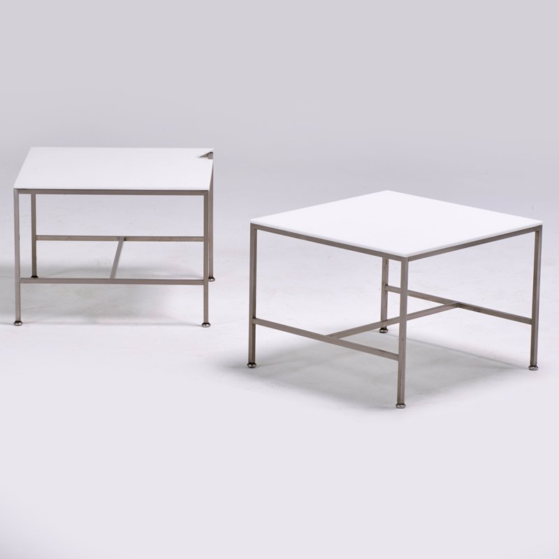 PAUL McCOBB; CALVIN: Pair of side tables, USA, 1950s; Aluminum, milk glass; Unmarked; 15" x 20"