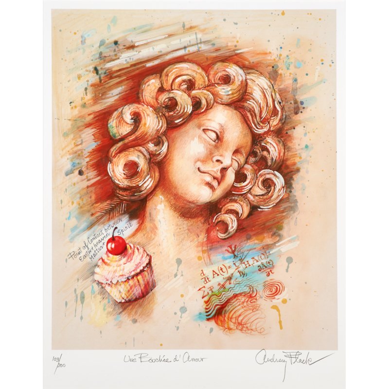 AUDREY L. FLACK (American, b. 1931): Digitized drawing with screenprint; "Une Bouchée d'Amour" (framed); Signed, titled and numbered 103/200; Printer: Experimental Printmaking Institute, Lafayette College, Easton, PA; 21" x 18" (sheet)