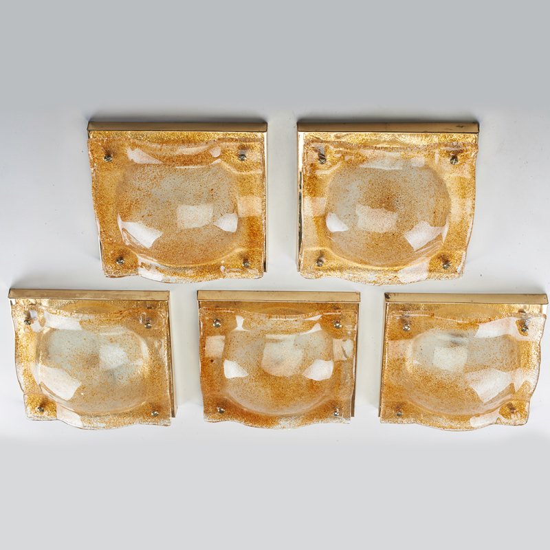 CONTEMPORARY LIGHTING: Five glass and brass plated wall sconces, mid-20th c.; Unmarked; 12" x 12" x 5"