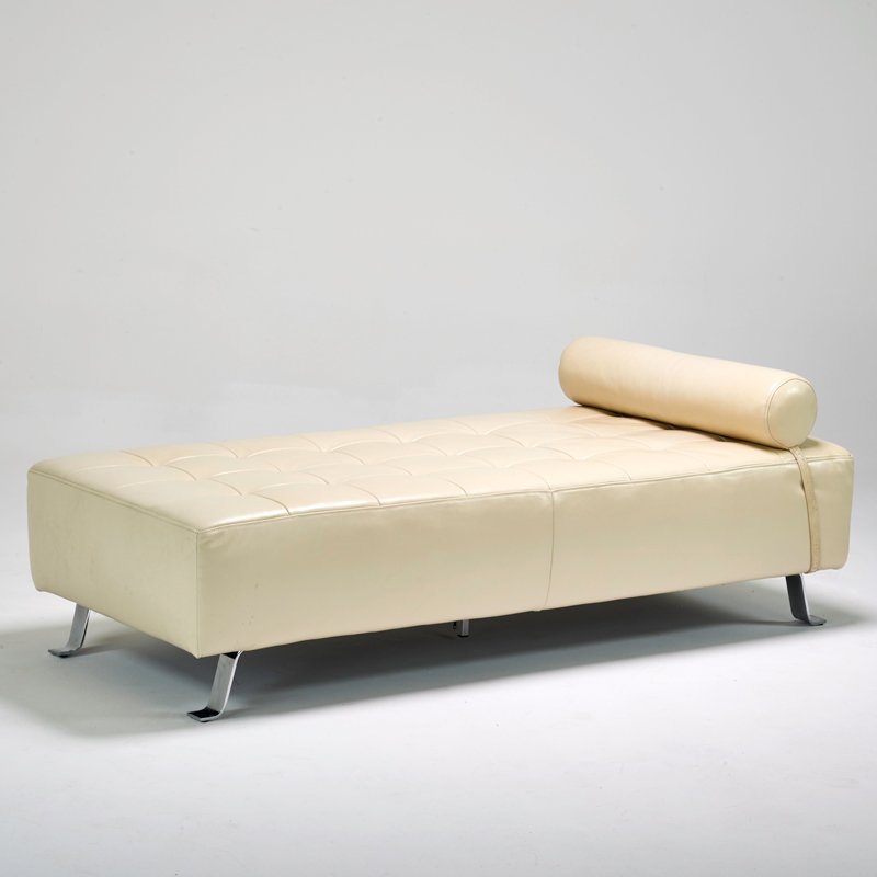 CONTEMPORARY: Leather daybed, ca. 1990s; Chromed steel; Unmarked; 25" x 70" x 32"