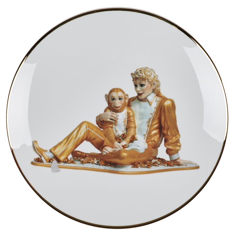JEFF KOONS (American, b. 1955); BERNARDAUD: Screenprint on porcelain; "Michael Jackson and Bubbles," from Banality series, Limoges, France, 2013; Signed in plate by artist from an edition of 4500; 10 5/8" dia.