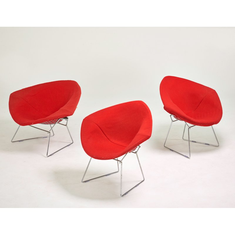 HARRY BERTOIA; KNOLL INTERNATIONAL: One Diamond lounge chair and two armchairs, New York, 1970s; Chromed steel, upholstery; Upholstery labels; Lounge: 28" x 44" x 33", arm: 31" x 34" x 28"