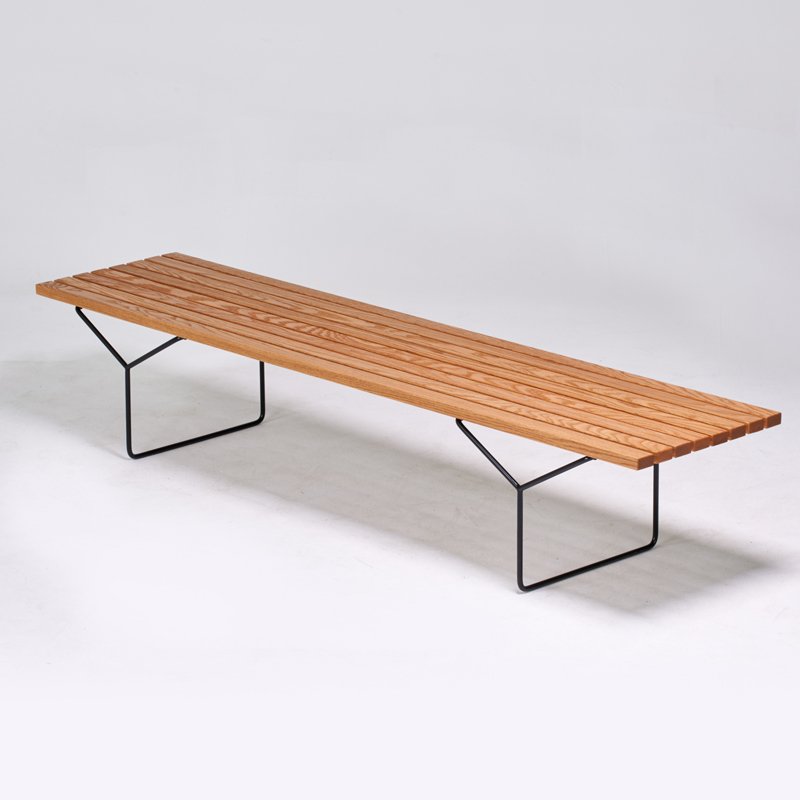 HARRY BERTOIA; KNOLL INTERNATIONAL: Slat bench, New York, 1970s; Enameled steel, oak; Manufacturer's label; 16" x 82" x 18 1/2"