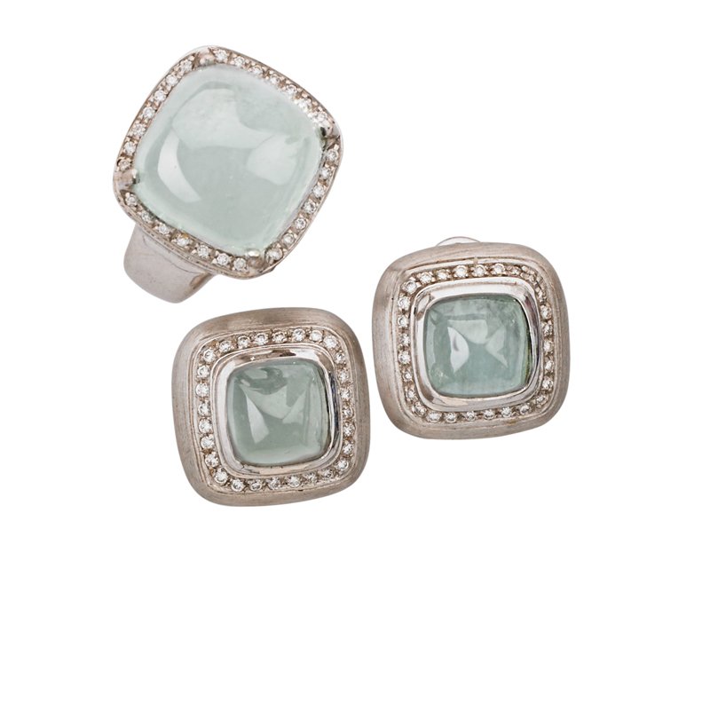 MILKY AQUAMARINE AND DIAMOND 18K WHITE GOLD JEWELS: Square cabochon aquamarine, 14 mm., and diamond thread ring, marked Rina Limor, size 6 1/2; Sugar Loaf aquamarines, 9 mm., and diamonds in textured earrings for pierced ears, unmarked, 5/8". Ca. 2000.