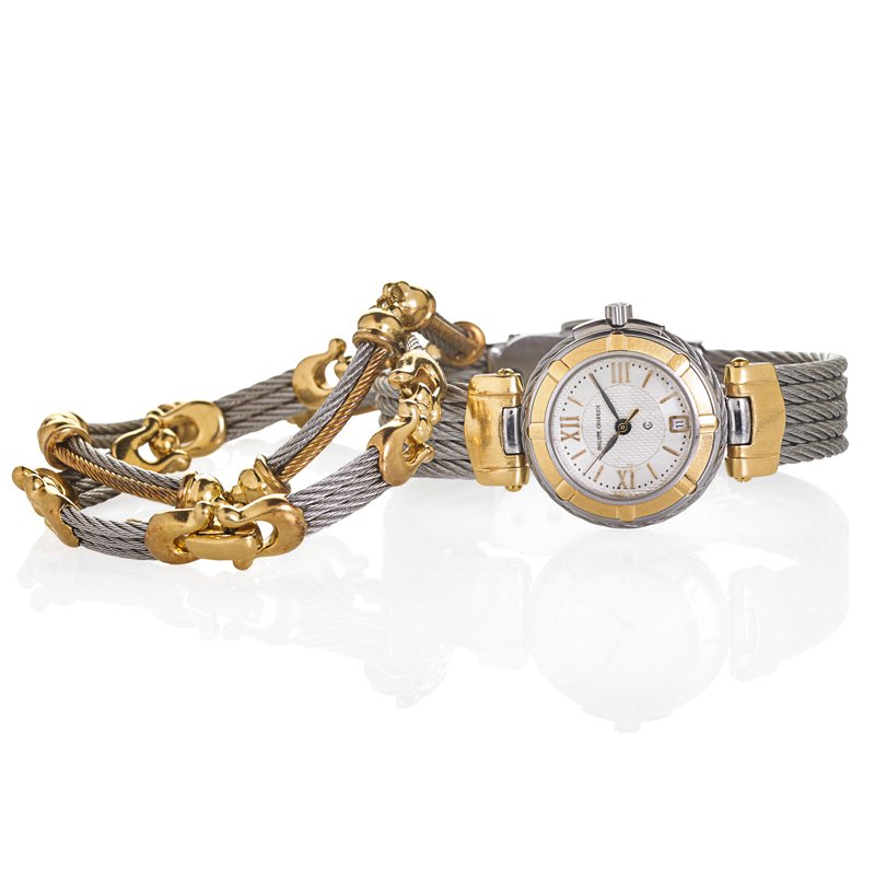 PHILIPPE CHARRIOL STEEL AND 18K GOLD CABLE JEWERLY: Three pieces: Two link bracelets and a quartz wristwatch, round dial with sweep seconds and date aperture at 6:00, water resistant, 25 mm., ca, 2005. Accommodates 6 1/2"