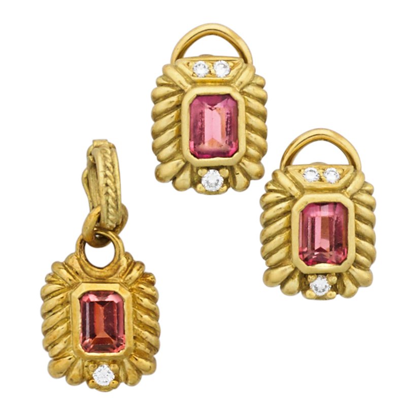 RUBELLITE TOURMALINE AND DIAMOND 18K GOLD SUITE: Earrings and pendant with step cut pink tourmaline bezel set in ribbed yellow gold frame with RBC diamond accents, approx. .25 ct. TW throughout. Attributed to Judith Ripka, unmarked. Earrings marked 