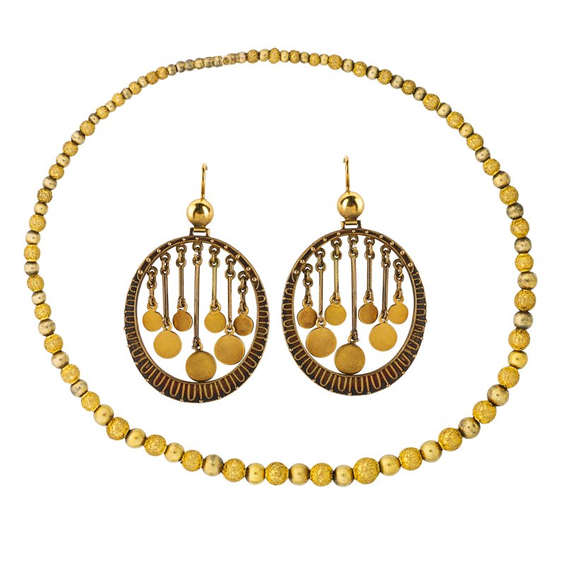 ARCHAEOLOGICAL REVIVAL GOLD BEAD NECKLACE AND EARRINGS: Necklace bloomed with applied wirework and bright beads, stamped 14k, 14 1/4"; Drop earrings with toned applied wirework and granulated oval frame, tassels within, 14k, wire backs for pierced ears, dr