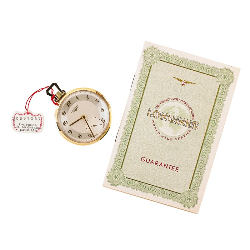 UNUSED LONGINES 14K GOLD POCKET WATCH: Presidential model, cal 17L #10557037, 17 jewels, unadj. 45 mm., case #3210803, ca. 1958. "As new" in box and packer, with booklet