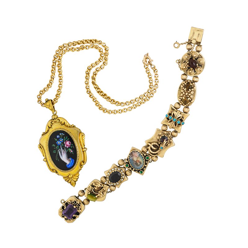VICTORIAN OR VICTORIAN STYLE 14K GOLD JEWELRY: Three pieces: Victorian yellow gold and enamel locket with hand painted floral offering on fancy link Victorian chain, 16"; Victorian revival slide bracelet set with garnet, amethyst, citrine, etc., e