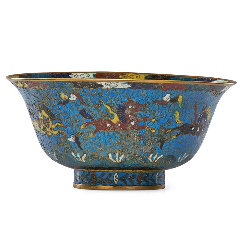 CHINESE CLOISONNE BOWL: Ming style Wanli design with dancing horses above waves, 19th c.; Brass plate etched Hirst Coll.; 5 1/2" x 11" dia.