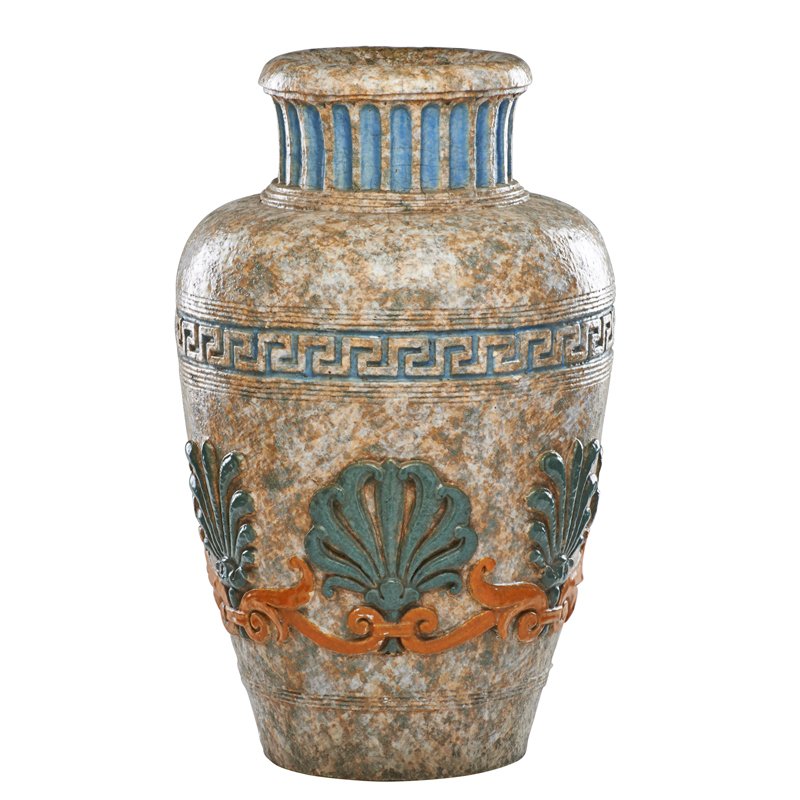 PAIR OF ETRUSCAN REVIVAL JARDINIERES: Glazed earthenware with Greek key relief banding and stylized palms, 20th c.; 26" x 13"