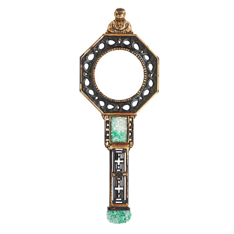 CHINESE CHIPPENDALE JADEITE INSET MAGNIFYING GLASS: 18th c.; 13 1/2"
